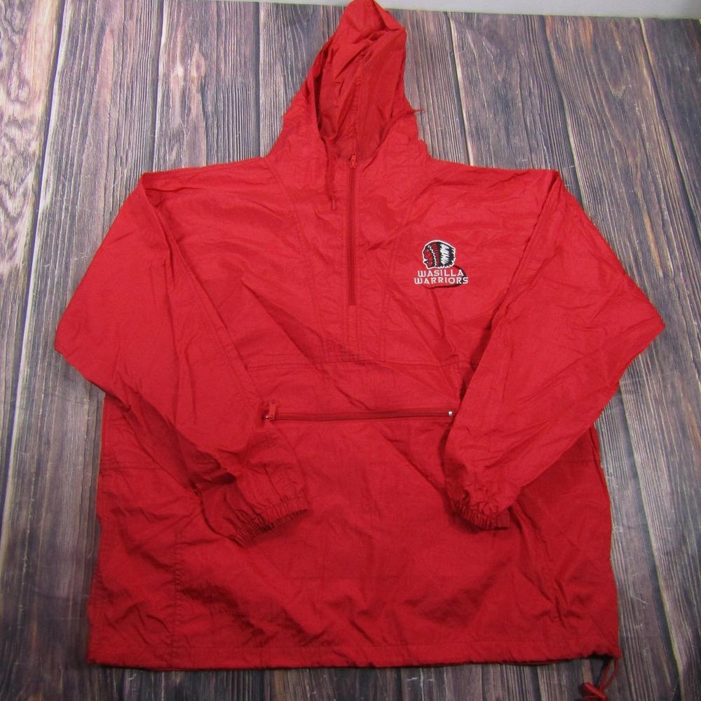 Jerzees Jacket Mens 2XL Red Pullover 1/4 Zip Windbreaker Hooded Wasilla Warriors